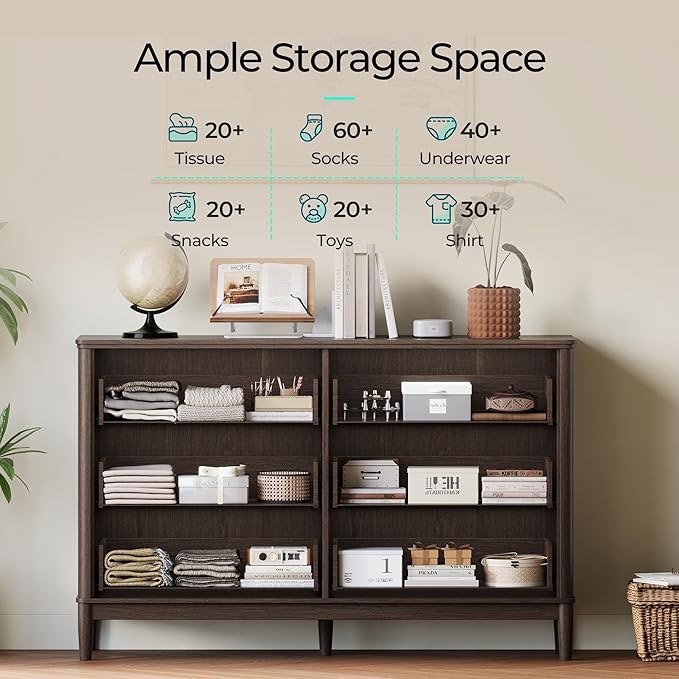 LINSY Rattan 6 Drawer Dresser for Bedroom, 54" Wide Mid-Century Modern Tall Chest of Drawers, Deep Storage Dresser with Curved Corner Design, Large Accent Wood Cabinet for Bedroom, Walnut