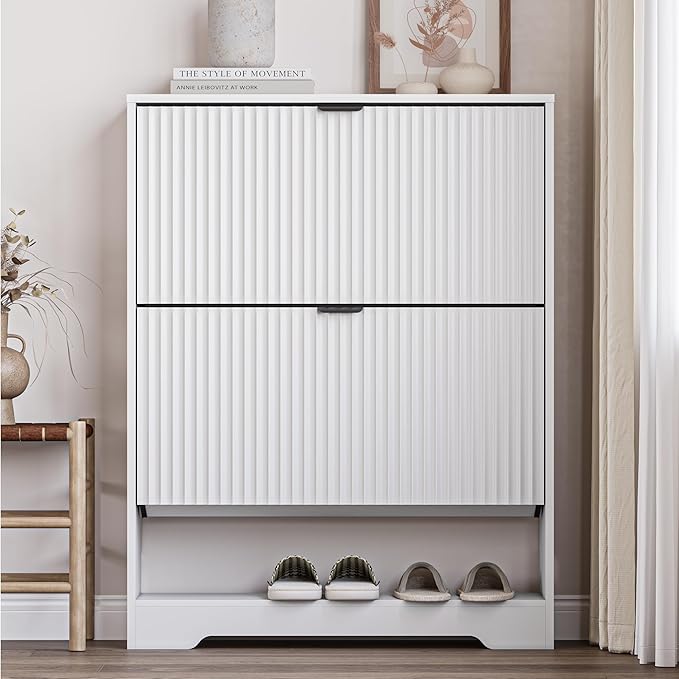 Shoe Cabinet with 2 Flip Drawers, Fluted Shoe Storage Cabinet with Adjustable Shelves, Freestanding Rack and Organizer for Entryway, Closet, Hallway