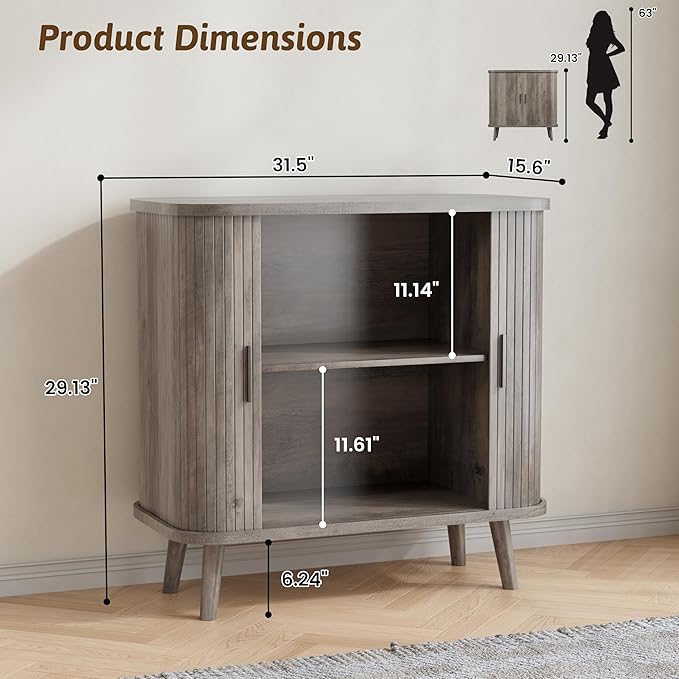 Buffet Cabinet with Storage, Curved-Edge Fluted Storage Cabinet Sideboard, Modern Black Sideboard Buffet with Adjustable Shelves & Sliding Door for Dining Room, Kitchen, Entryway (Wood)