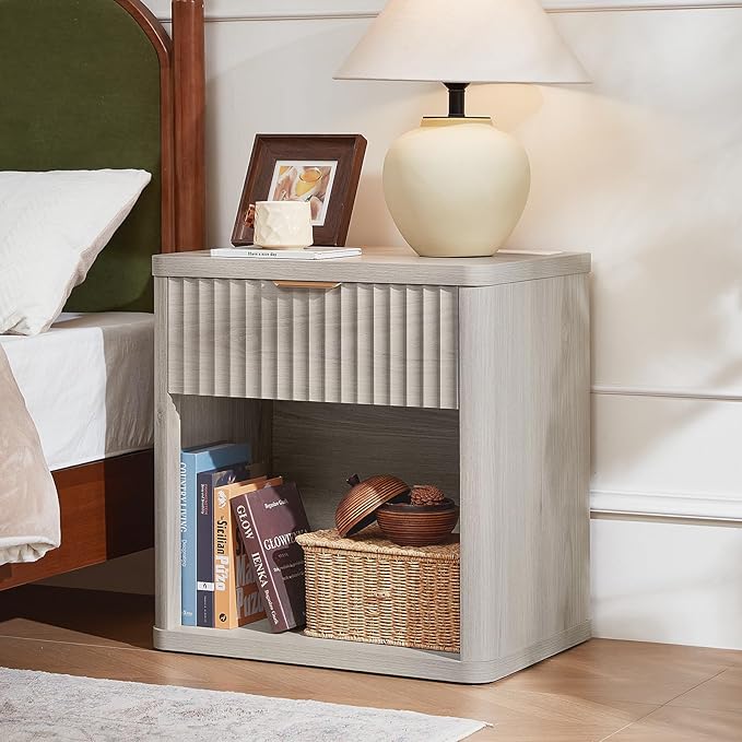 LEYAOYAO Fluted Nightstand with Charging Station, 23" Wide 1 Drawers Night Stand,LightGrey End Table with Open Storage,Farmhouse Bed Side Tables, Wood Dresser for Bedroom, Living Room, Closet