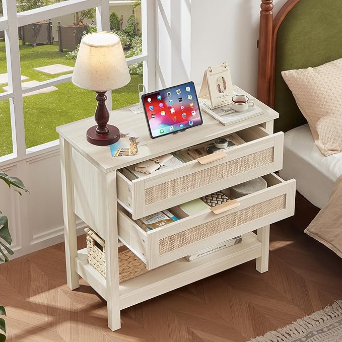 LEYAOYAO 31.5" Wide Rattan Night Stand Set 2 with Charger Station, Oversized Large Boho Nightstand with 2 Drawer, Grey White Bed Side End Tables, Tall Bedside Table for Bedroom Living Room, Hallway