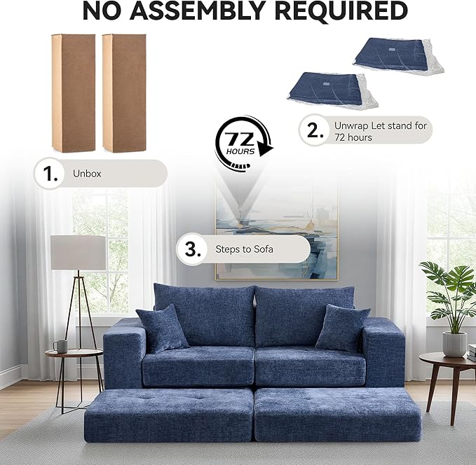 Boneless Sectional Loveseat Couch with Ottoman, Convertible Tufted Button Modular Floor Sleeper Sofa Bed, Comfy Foldable Compression Love Seat Sofa for Living Room, No Assembly, Blue