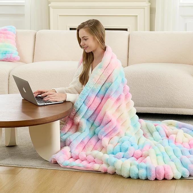 Cozy Bliss Faux Fur Throw Blanket for Couch, Cozy Warm Plush Striped Blanket for Sofa Bedroom Living Room, 50 * 60 Inches Tie-dye Rainbow