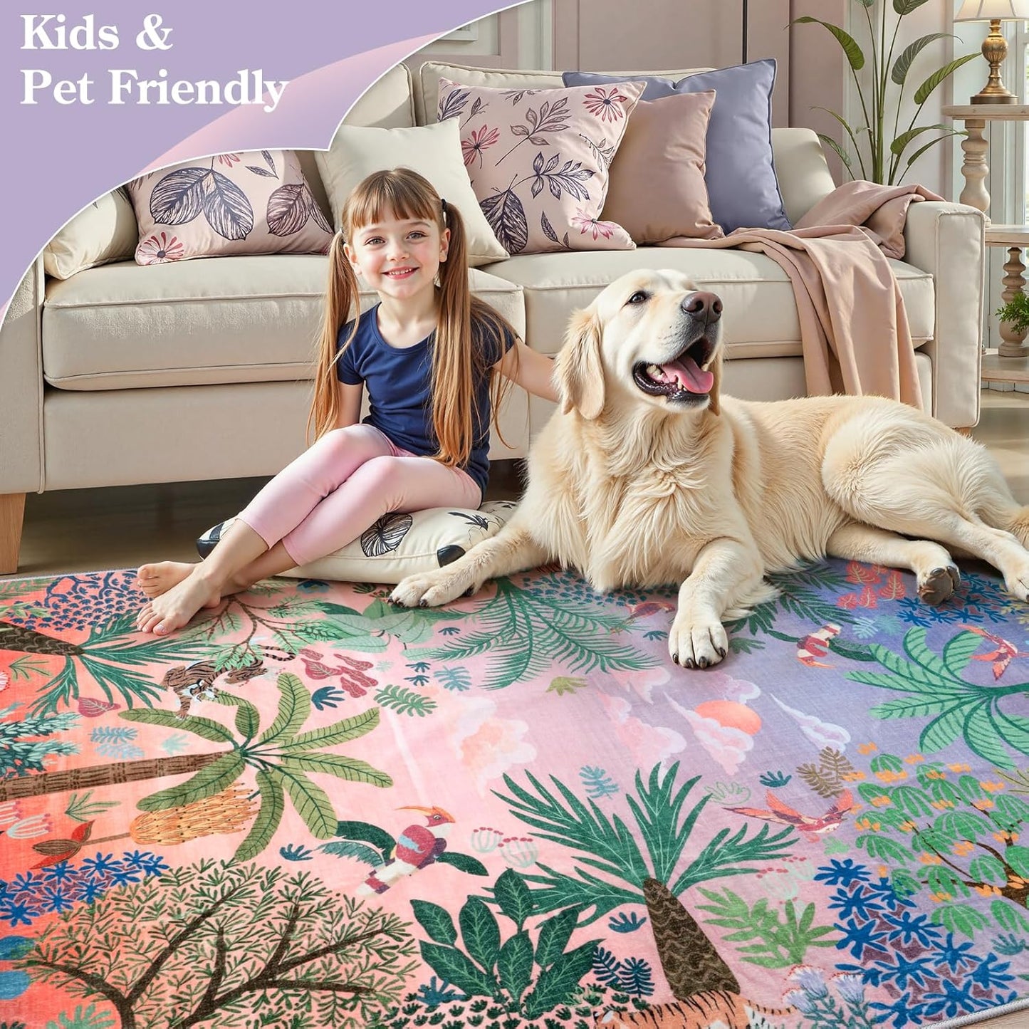 LIVEBOX Jungle Rug 9 x 12 Rug Purple Room Rugs for Bedroom, Soft Washable Area Rugs 9x12 Living Room, Modern Stain Resistant Floor Carpet Play Rugs for Kids Playroom Dining