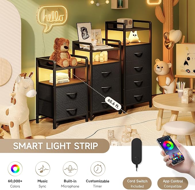 Night Stand Bedside Charger Bedroom - Nightstand with Charging Station & LED Light Strip, Night Stand with Storage Shelf & 3 Fabric Drawers, Morden End Table with U-S-B Ports & AC Outlets