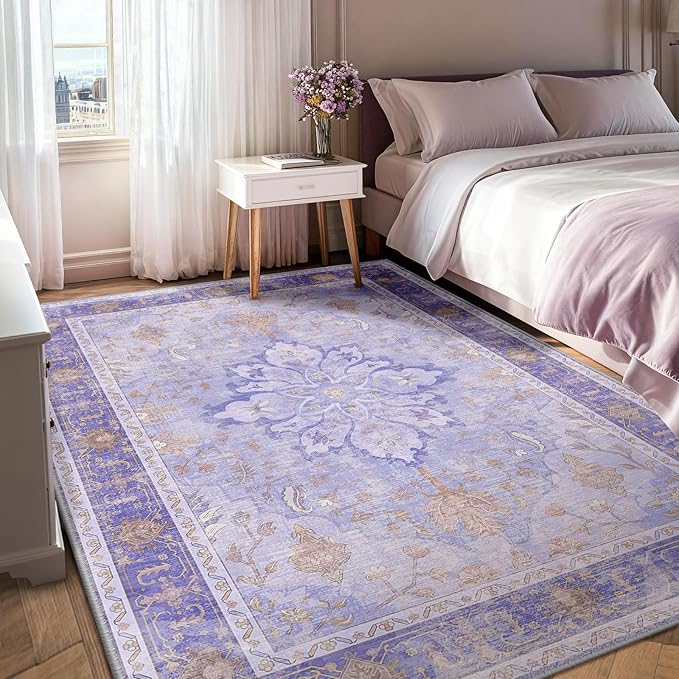 Area Rugs 5'x7' Washable Non-Slip, Floral Vintage Distress Print Pattern Medallion Carpet for Living Room Bedroom Dining Room, Light Purple Brown