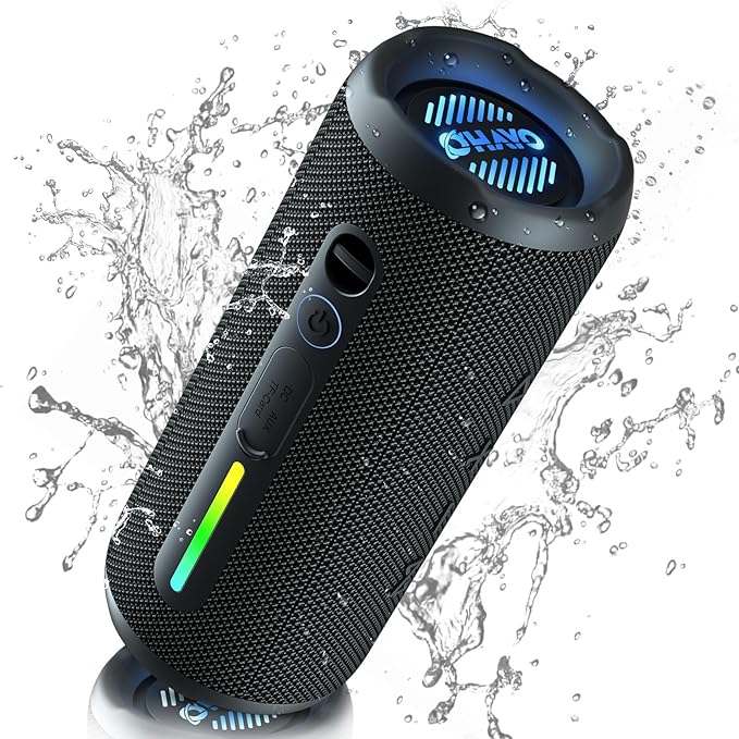 OHAYO Portable Bluetooth Speaker - IPX7 Waterproof, Wireless Stereo Pairing, 25-Hour Playtime, 24W Loud Sound, Bluetooth 5.3, Bass Boost, LED Lights, for Home/Shower/Outdoor/Beach/Travel, Gift Ideas