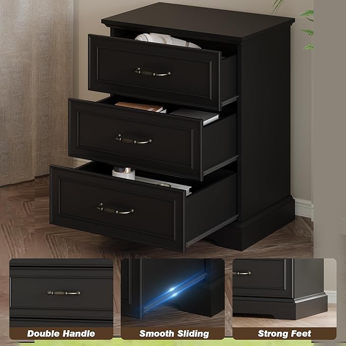 Farmhouse 3 Drawers Dresser for Bedroom, 24" Wide Modern Chest of Drawers with Deep Drawers & Bar Handles, Rustic Wood Nightstand, Wooden Closet Storage Organizer for Living Room, Hallway, Black
