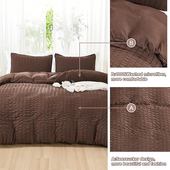 AveLom Brown Duvet Cover Cal King(104 x 98 inches), 3 Pieces (1 Duvet Cover, 2 Pillowcases), Seersucker Striped Soft Washed Microfiber, Textured Duvet Cover Set with Zipper Closure, Corner Ties