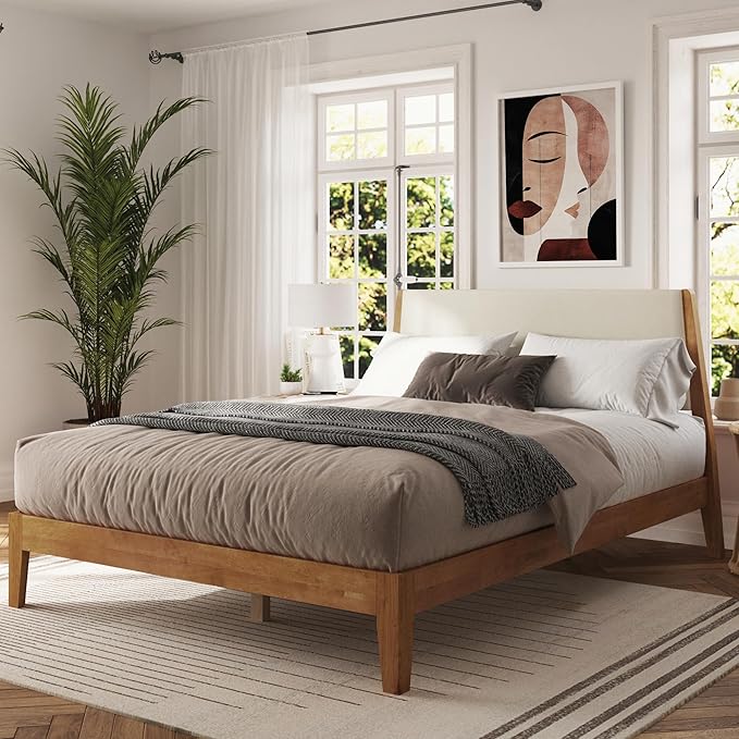 DG Casa Vandermark Solid Wood Easy Install King Bed Frame with Unique Headboard and Wooden Slat Support Included No Box Spring Required - Beige Walnut