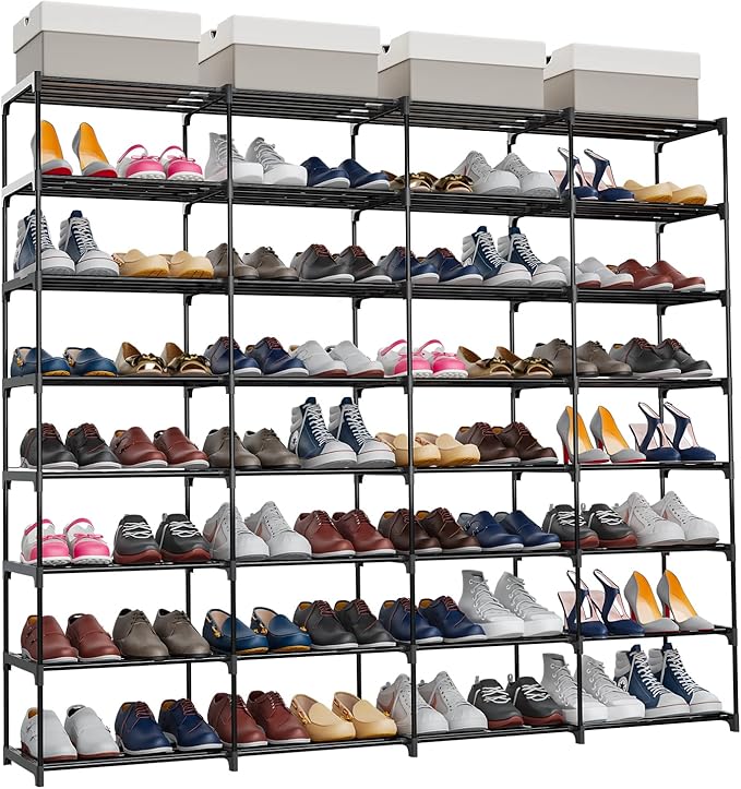 Shoe Rack Large Capacity 4 Rows 8 Tier 56-64 Pairs Shoes Sneaker Stackable Storage Organizer Garage Entryway Hallway Front Doorway Shoe Unit Shelves Space Saving
