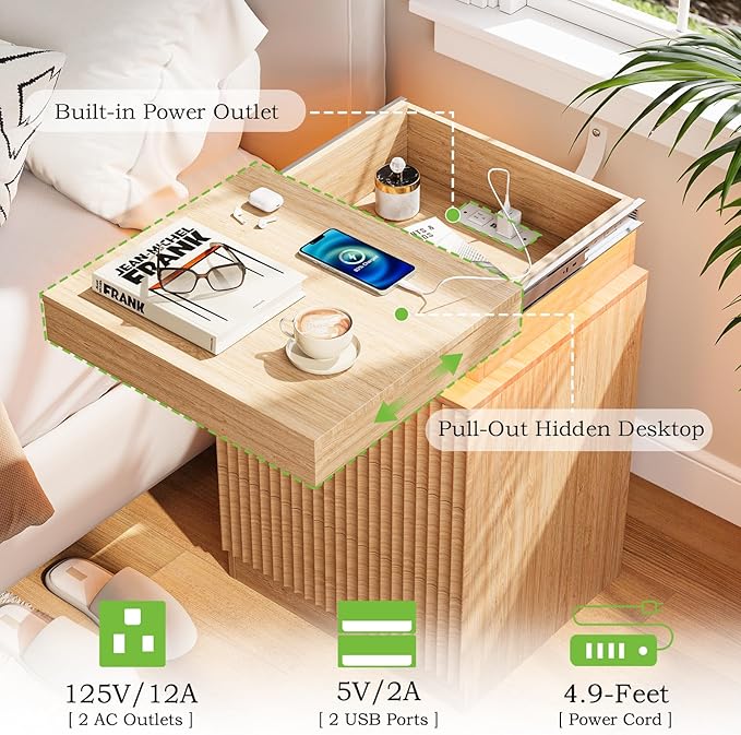 Nightstands Set of 2 with Charging Station & LED Lights, Modern Small Fluted Bedside & End Tables with 3 Drawers, Sliding Top & Hidden Storage, Wooden Farmhouse Night Stand for Bedroom, Natural Oak