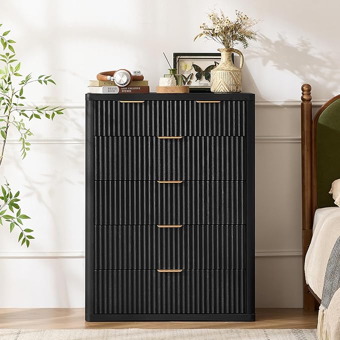 LEYAOYAO Fluted 6 Drawers Dresser for Bedroom Set of 2, 42" Tall Modern Chest of Drawers with Metal Handle, Curved Profile Design,Black Wood Drawer Organizer for Bedroom, Living Room, Hallway