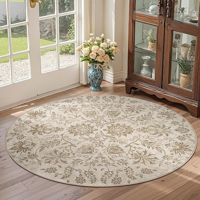 jinchan Torino Classic Floral Round Rug 4ft, Vintage-Inspired Neutral Design 4’Circle Rug, Machine Washable Ultra-Thin Low-Pile Non-Slip Indoor Carpet for Bedroom Living Room Entryway Taupe