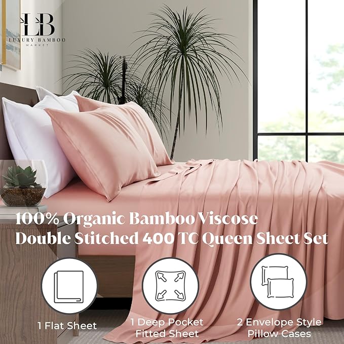 Luxury Bamboo Market | Queen Size Bed Sheet Set | 100% Viscose Made from Bamboo | Organically Grown | Ultra Soft | Cooling Sheets for Hot Sleepers | 17" Deep Pocket [Rose Quartz]