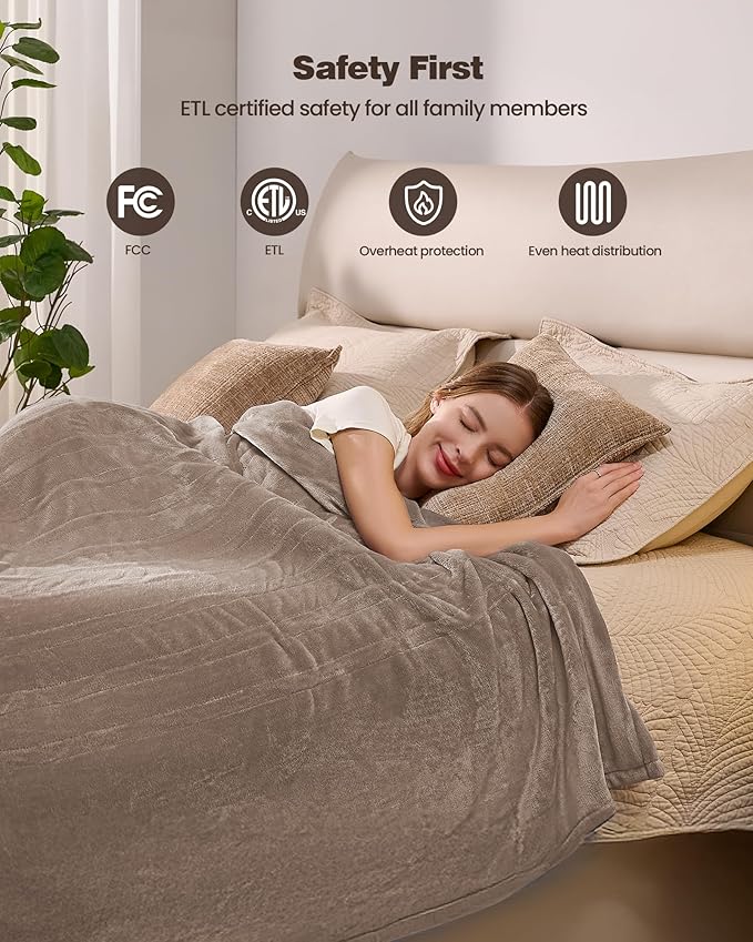 Heated Electric Blanket King- Super Soft Heating Blanket, Dual Control & 9 Heat Settings, 10 Hours Auto Off, Soft Flannel to Sherpa, Fast Heating Electric Throw, Machine Washable, 90" x 100''- Camel
