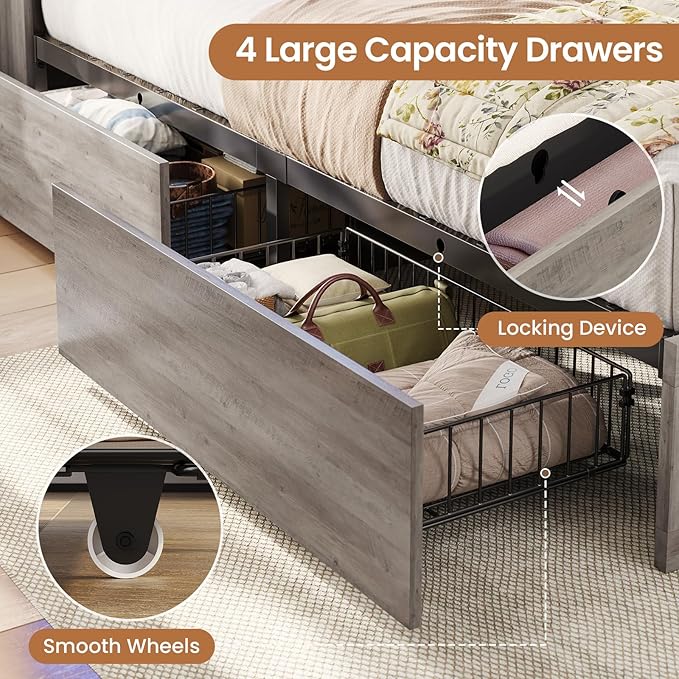 VIAGDO Farmhouse Bed Frame Full Size with Bookcase Storage Headboard, Charging Station and LED Lights, Wooden Full Bed Frame with 4 Drawers, Barn Door Design, No Box Spring Needed, No Noise, Grey