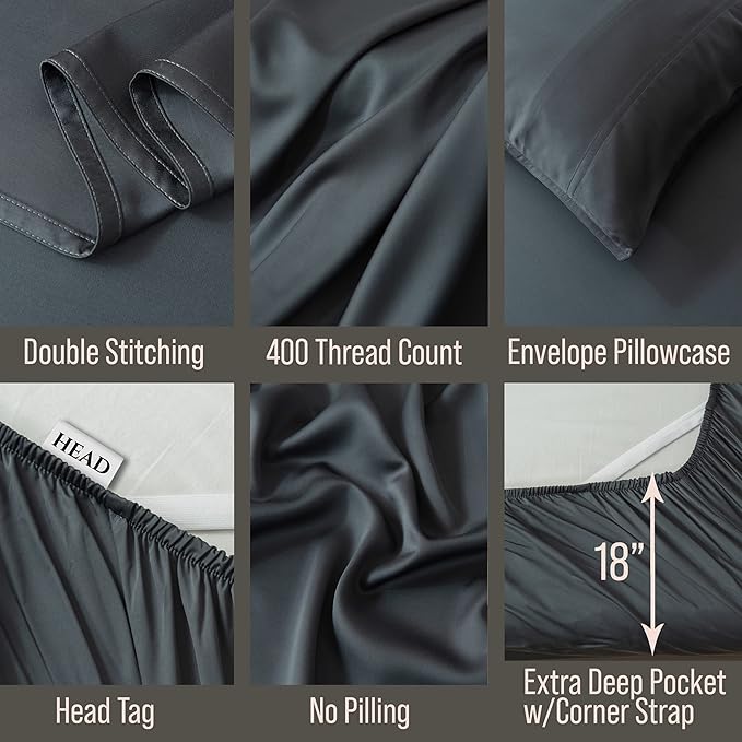 Bella Coterie 6 Piece Luxury Bamboo Viscose King Size Sheet Set | 100% Organically Grown | Cooling for Hot Sleepers | 18" Deep Pocket | Soft & Hypoallergenic | 4 Pillowcases [Charcoal Grey]