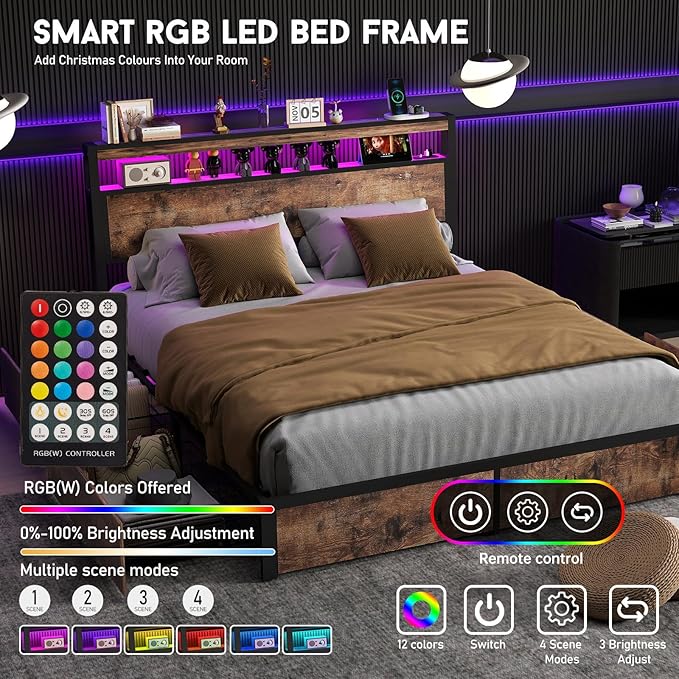 Full Size Bed Frame with 4 Storage Drawers and Headboard with Charging Station and LED Lights,2 Tier Solid Wood Headboard Storage,Noise Free, No Box Spring Needed/Remote/Vintage Brown