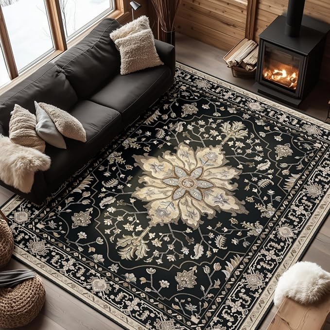 Area Rugs 7'x9' Washable Non-Slip, Floral Vintage Distress Print Pattern Medallion Carpet for Living Room Bedroom Dining Room, Black Brown Neutral Dark Tan