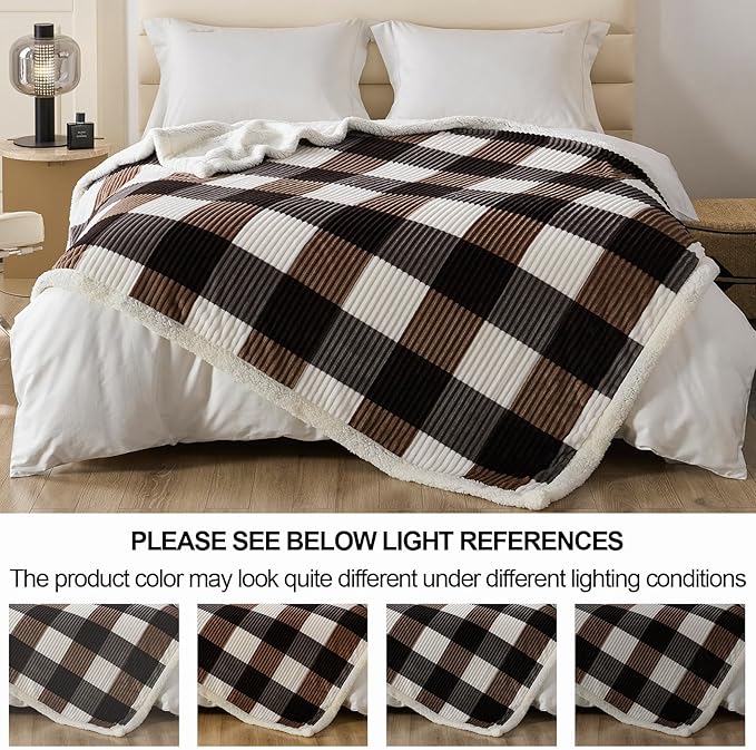 Blanket for Women, Sherpa Throw Blanket for Couch, Flannel Cozy Soft Checkered Blanket for Bed - Fleece, Dark Brown, 60x80 Inches