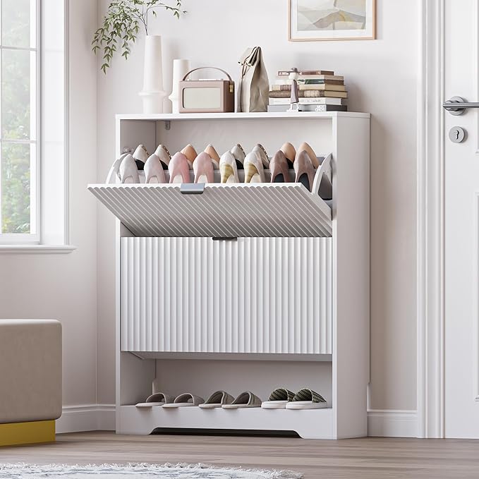 Shoe Cabinet with 2 Flip Drawers, Fluted Shoe Storage Cabinet with Adjustable Shelves, Freestanding Rack and Organizer for Entryway, Closet, Hallway