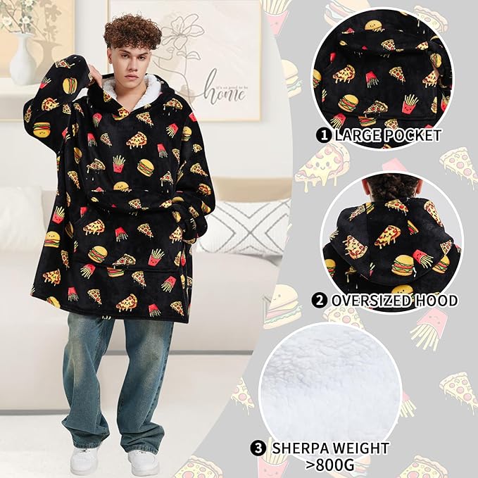 Wearable Blanket Hoodie for Adult,Oversized Sherpa Fleece Blanket Hoodie for Women Men,Hamburger Pizza