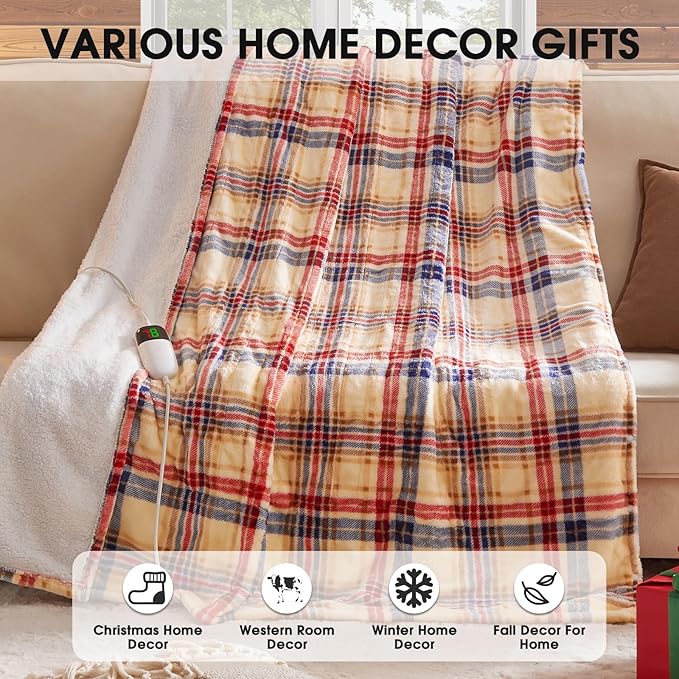 Heated Blanket Electric Throw, 50X60, Heating Throw with 10 Heating Levels & 8 Hours Auto Off, Plaid Checkered Sherpa Blanket Warmer for Adults, Farmhouse Home Decor for Couch Bed Office Gifts for Mom