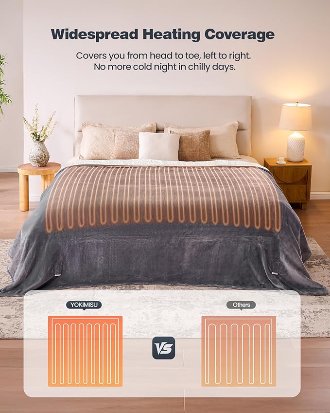 Heated Electric Blanket King- Super Soft Heating Blanket, Dual Control & 9 Heat Settings, 10 Hours Auto Off, Soft Flannel to Sherpa, Fast Heating Electric Throw, Machine Washable, 90 x 100''- Grey