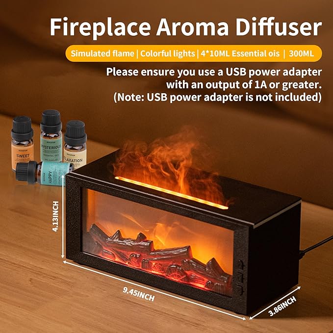 BOHOFAM Fireplace Essential Oil Aroma Diffuser,Flame Air Humidifiers 300ML,14-Hour Runtime,Colorful Flame Diffusers for Home,Included 4 * 10ML Hotel Collection Diffuser Oils for Bedroom(Black)