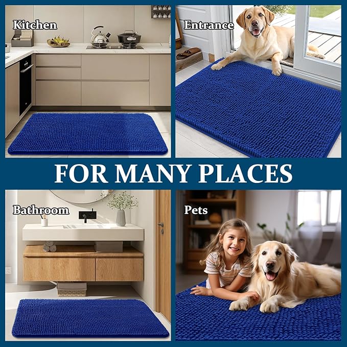 OLANLY Dog Door Mat for Muddy Paws 70x24, Absorbs Moisture and Dirt, Absorbent Non-Slip Washable Doormat, Quick Dry Chenille Mud Mat for Dogs, Entry Indoor Entryway Carpet for Inside Floor, Royal Blue