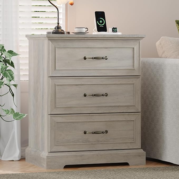 Farmhouse 3 Drawers Dresser for Bedroom, 24" Wide Modern Chest of Drawers with Deep Drawers & Bar Handles, Rustic Wood Nightstand, Wooden Closet Storage Organizer for Living Room, Hallway, Grey