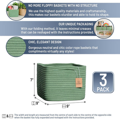NaturalCozy Storage Cubes 9”x9”x7”Cotton Rope Woven Baskets for Organizing 3-Pack | 9 Inch Cube Storage Bin | Small Basket for Shelf Nursery, Pantry, Decorative Plant, Bathroom Closet, Toy Gift