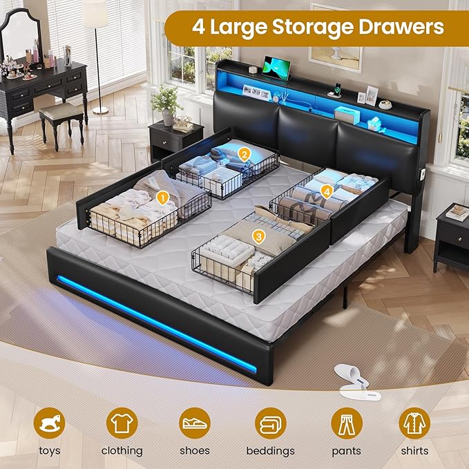 VIAGDO King Bed Frame with Storage Headboard and Charging Station, Leather Upholstered Bed Frame King Size with 4 Drawers and LED Lights, Type C and USB, No Box Spring Needed, Black
