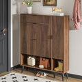 Shoe Storage Cabinet with 2 Flip Drawers, Narrow Shoe Cabinet for Entryway, Freestanding Slim Hidden Shoe Organizer Cabinet with Doors, Adjustable Shelf, Open Storage Space (Walnut)