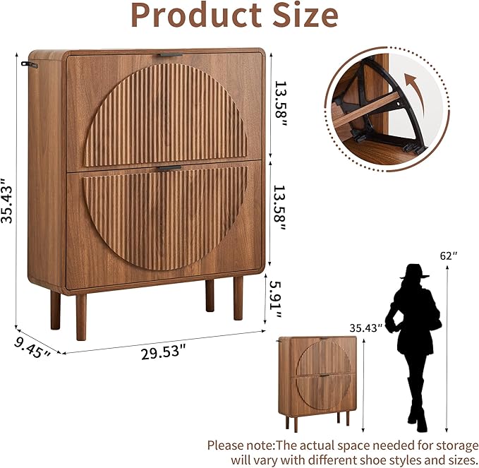 Turtle&Myrtle Modern Shoe Storage Cabinet for Entryway, Narrow Shoe Organizer Cabinet, 2-Tier Flip Down Drawers, Small Freestanding Hidden Wood Slim Shoe Rack,Round Fluted Pattern (Walnut)