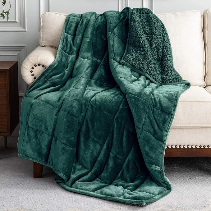 Uttermara Weighted Blanket for Adults, Double Size Heavy Blanket with Reversible Soft Shiny Velour Fleece and Cozy Warm Sherpa for Couch Bed, Calming and Relaxing, 48 x 72 inches 15 lbs in Green