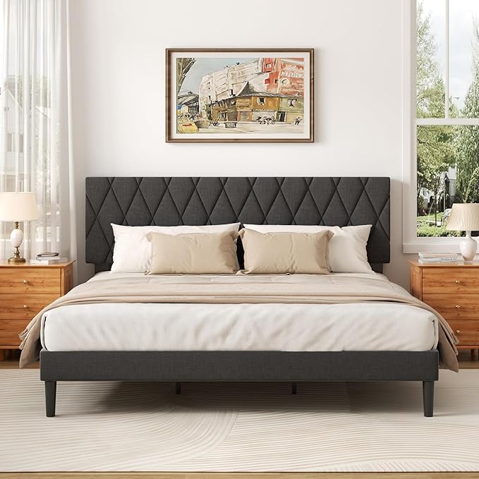 King Size Bed Frame with Diamond Tufted Headboard, Linen Upholstered Platform Bed and Wooden Slat Support, Noise-Free, No Box Spring Needed, Easy Assembly, Dark Grey