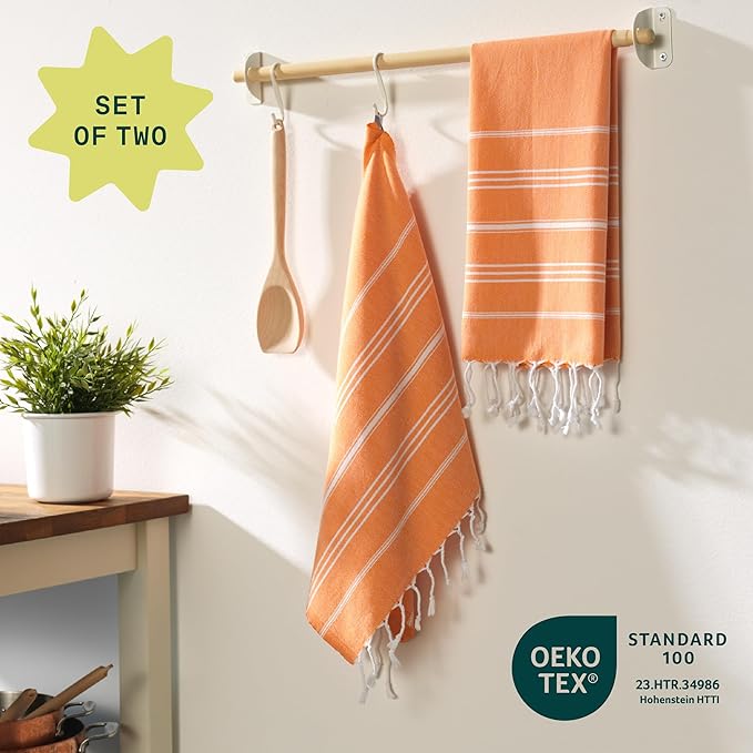 WETCAT Turkish Hand Towels with Hanging Loop, Set of 2 (20" x 30") 100% Turkish Cotton, Pre-Washed, Quick Drying, for Kitchen or Bathroom - Orange
