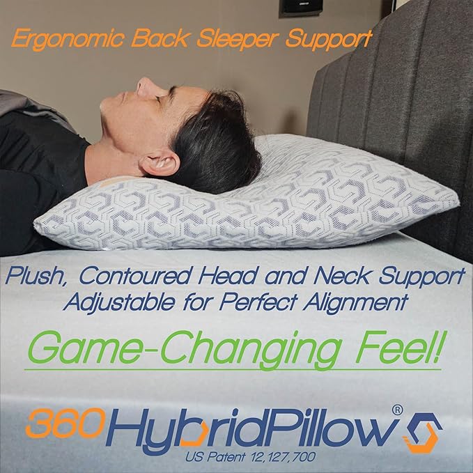 360 Hybrid Pillow® – Cervical Neck Pillow for Pain Relief | Ergonomic & Adjustable for Back, Side, Stomach Sleepers, Contoured Neck Roll, Shoulder Loft, Queen Size 29"x19", Patented Orthopedic Comfort