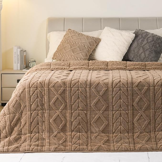 Cottonblue Weighted Blanket 17lbs for Relax and Calm - Plush Cozy Fleece Sherpa Weighted Blankets for Restful Nights, Luxurious Jacquard Decor Blanket Queen Size for bed sofa couch, 60x80 Inches, Grey
