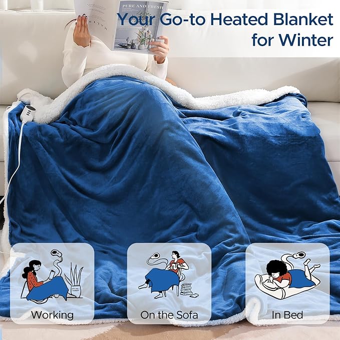 Heated Blanket 72"x84" Full Size, Dual-Sided with Soft Flannel & Sherpa Fabric, Electric Blanket with 9 Heating Levels & 2-10 Hours Auto Off, Machine Washable, Blue
