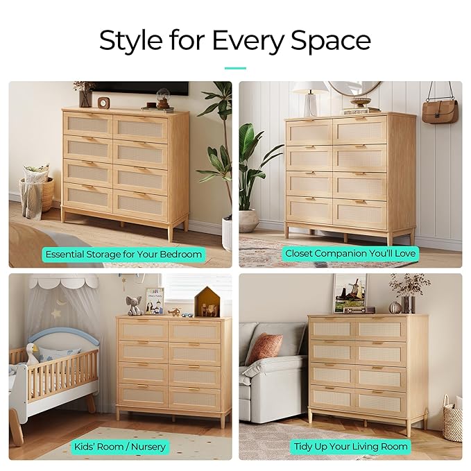 LINSY HOME Rattan Dresser for Bedroom with 8 Drawers, 54" Wide Chest of Drawers, Mid Century Modern Dresser TV Stand with Metal Handle, Wood Closet Storage Cabinet for Living Room, Hallway, Oak