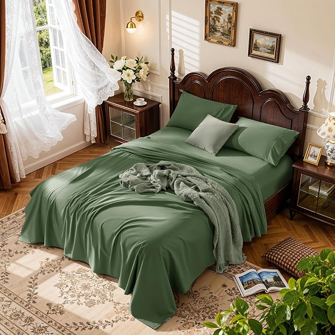 LBRO2M 1000 Thread Count 100% Egyptian Cotton Sheets Set Queen Size, 4 Piece Sets Bed Sheet Deep Pocket Sheet Set 16" Soft Comfortable All Season (Queen, Olive Green)
