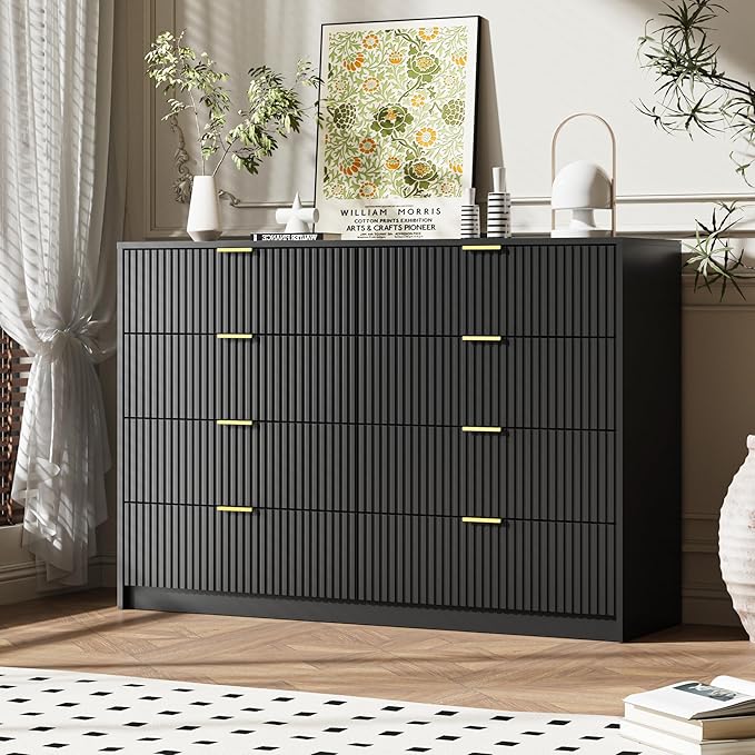 Dresser for Bedroom, 8 Drawer Double Dresser, Modern Chest of Drawers for Bedroom, Living Room, Entryway and Closet, 55" L x 15.7" D x 37.4" H, Black