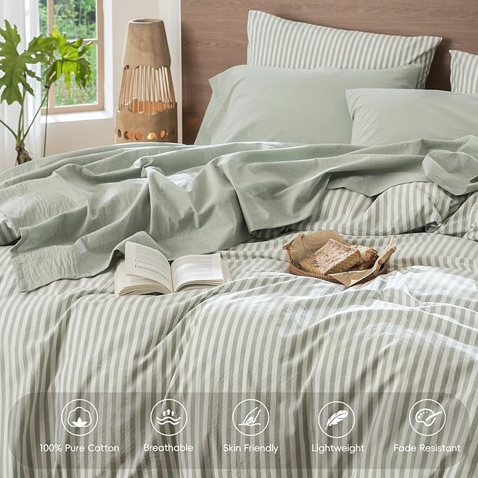 MooMee Bedding Sheet Set 100% Washed Cotton Linen Like Textured Breathable Durable Soft Comfy (Heathered Sage Green, Twin)