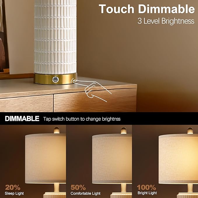 PoKat Touch Bedside Table Lamps with USB Ports for Bedroom Living Room, 25'' Dimmable Nightstand Touch Lamps for Living Room, Modern Ceramic Lamps for Night Stands Bedroom, Office, White and Beige