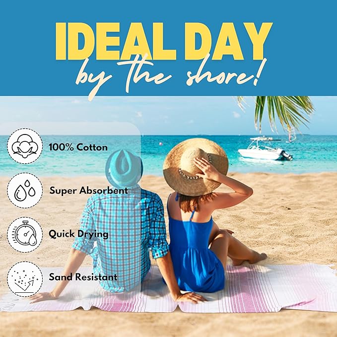Native Fab Pink Stripe Beach Towels 6 Pack - 100% Cotton Turkish Towel - Oversize 40x71 Inches - Quick Dry, Soft, Sand Resistant Hammam Towels for Adults, Swim, Bath, Pool - Pink and White