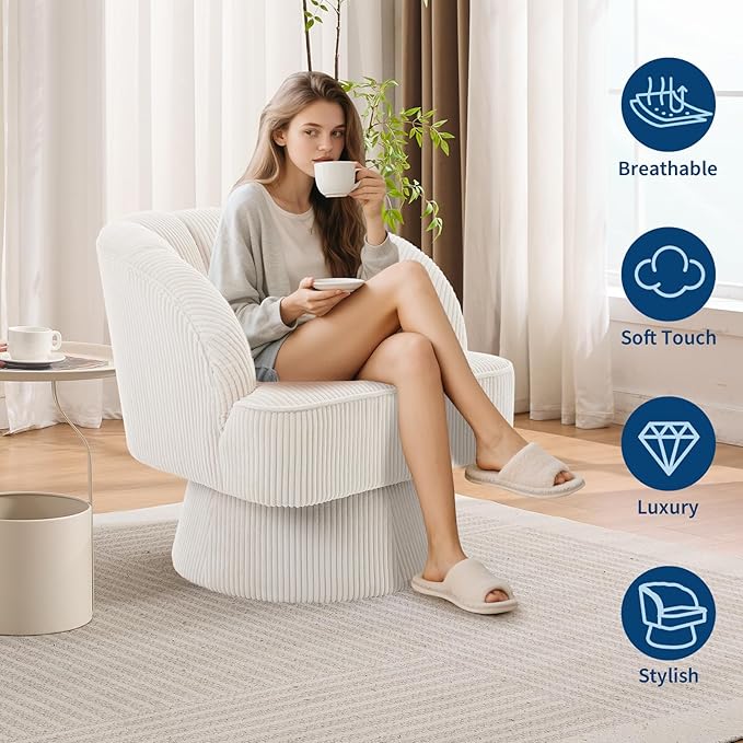 GarveeHome Modern Swivel Barrel Accent Chair, 360° Velvet Upholstered Armchair with Striped Backrest & Plush Padding, Comfy Round Lounge Chair (1, Beige + Corduroy)