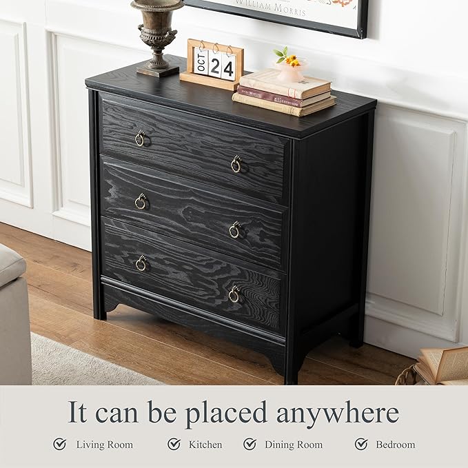 Chogori Solid Wood Dresser for Bedroom- Natural Wood Veneers & Water Based Paint Finished- Vintage Chests of Drawers, Small 3 Drawer Dresser (2, Black)
